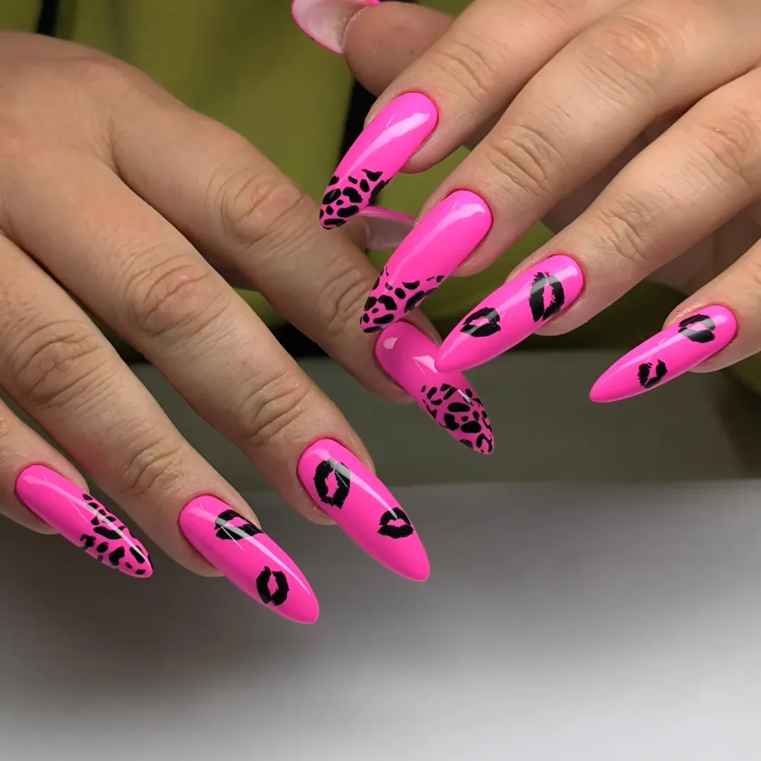 Neon Pink Lips and Leopard Print Stiletto Nails