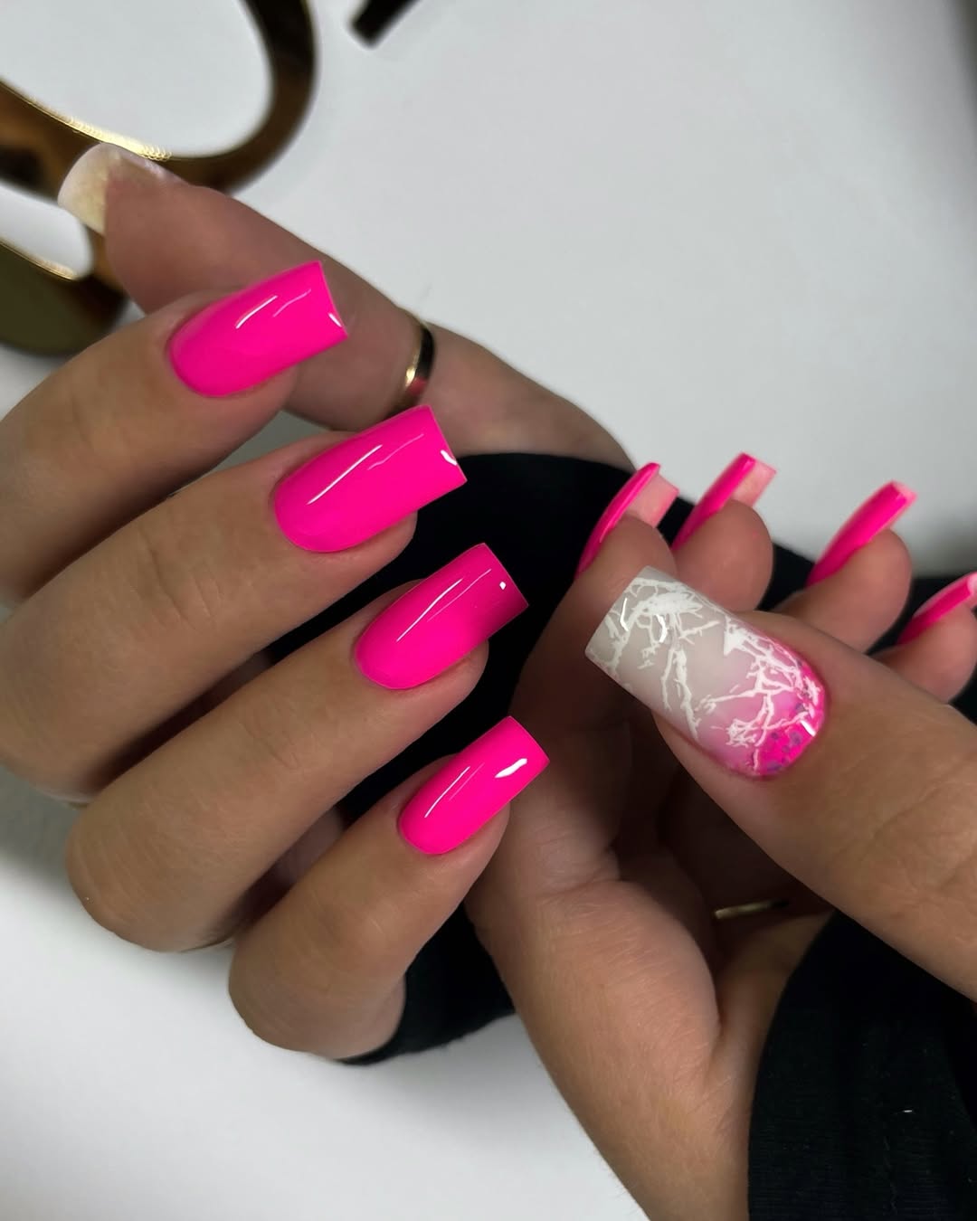 Neon Pink Marble Accent Square Coffin Nails