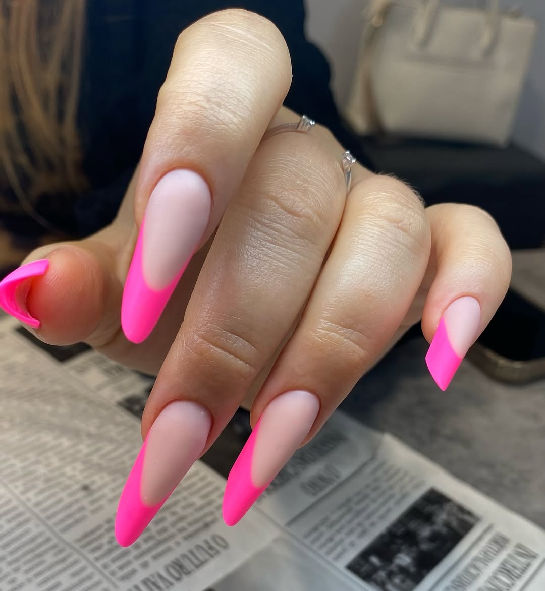 Neon Pink Matte Stiletto French Tip Nails