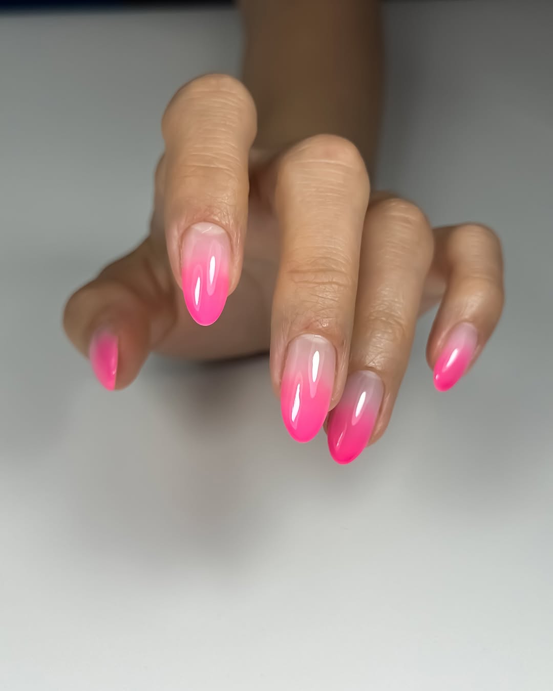 Neon Pink Ombre Glossy Oval Nails