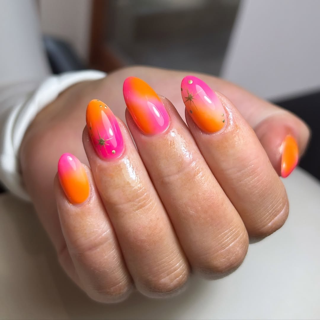 Neon Pink Orange Ombré Almond Starburst Nails