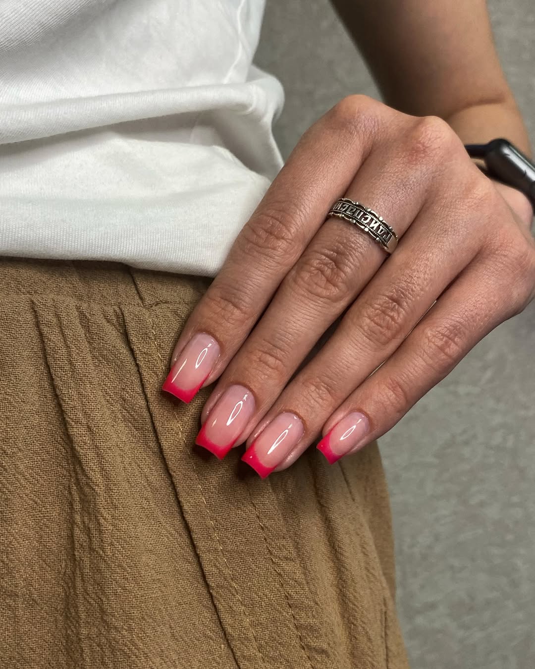 Neon Pink Square French Tip Nails