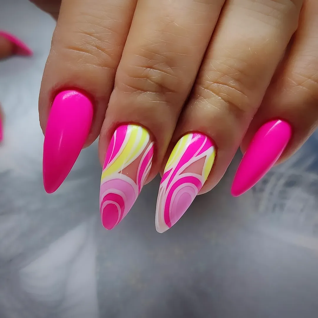 Neon Pink Swirl Stiletto Nails
