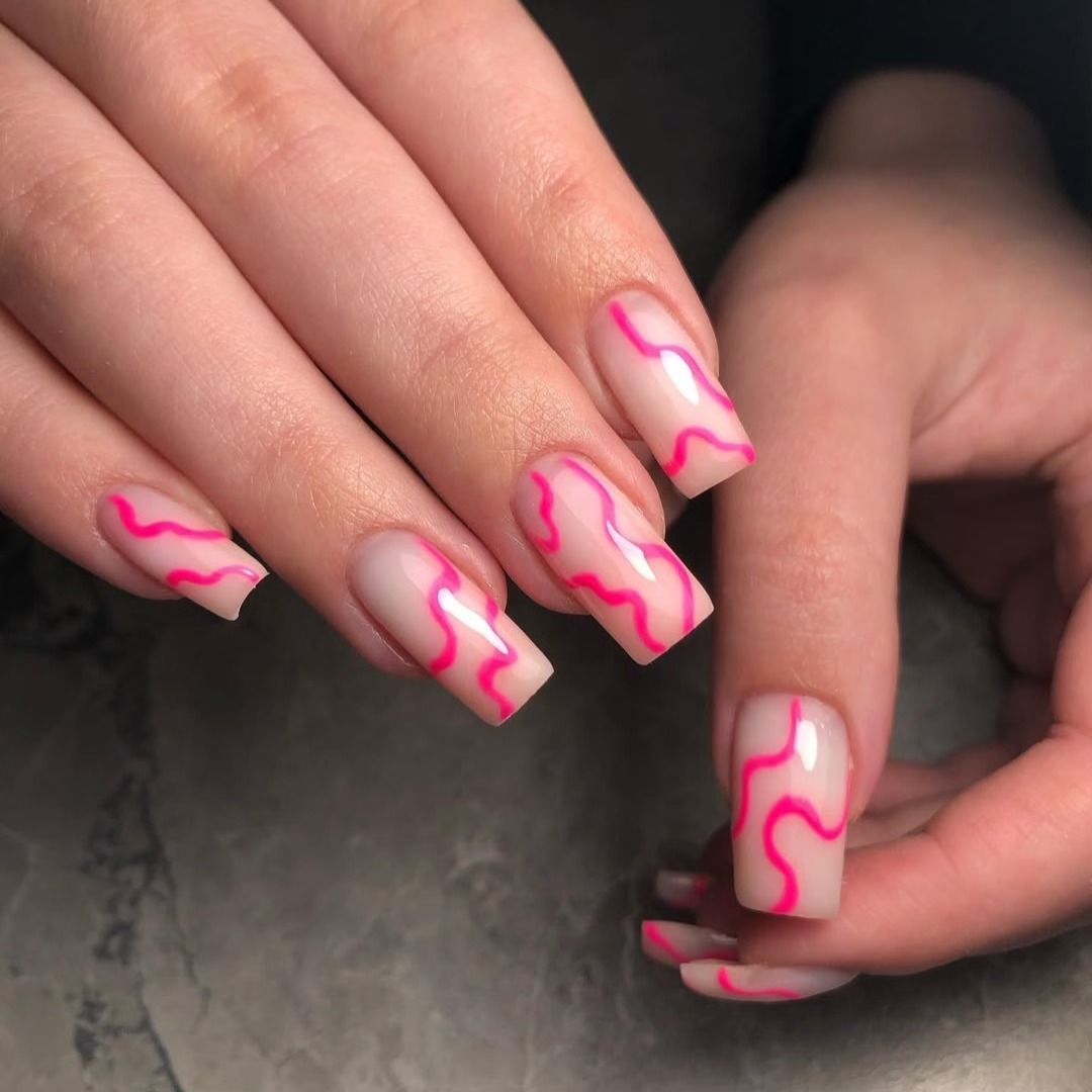 Neon Pink Swirls on Glossy Nude Long Square Nails