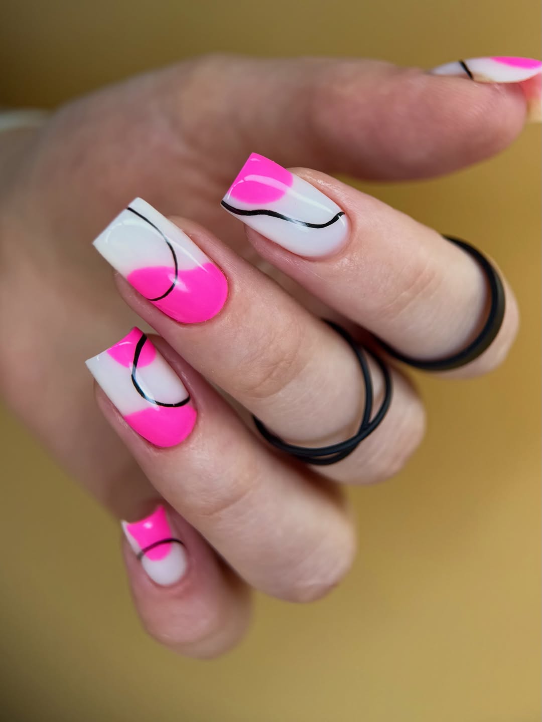 Neon Pink Waves And White Gloss Summer Nails