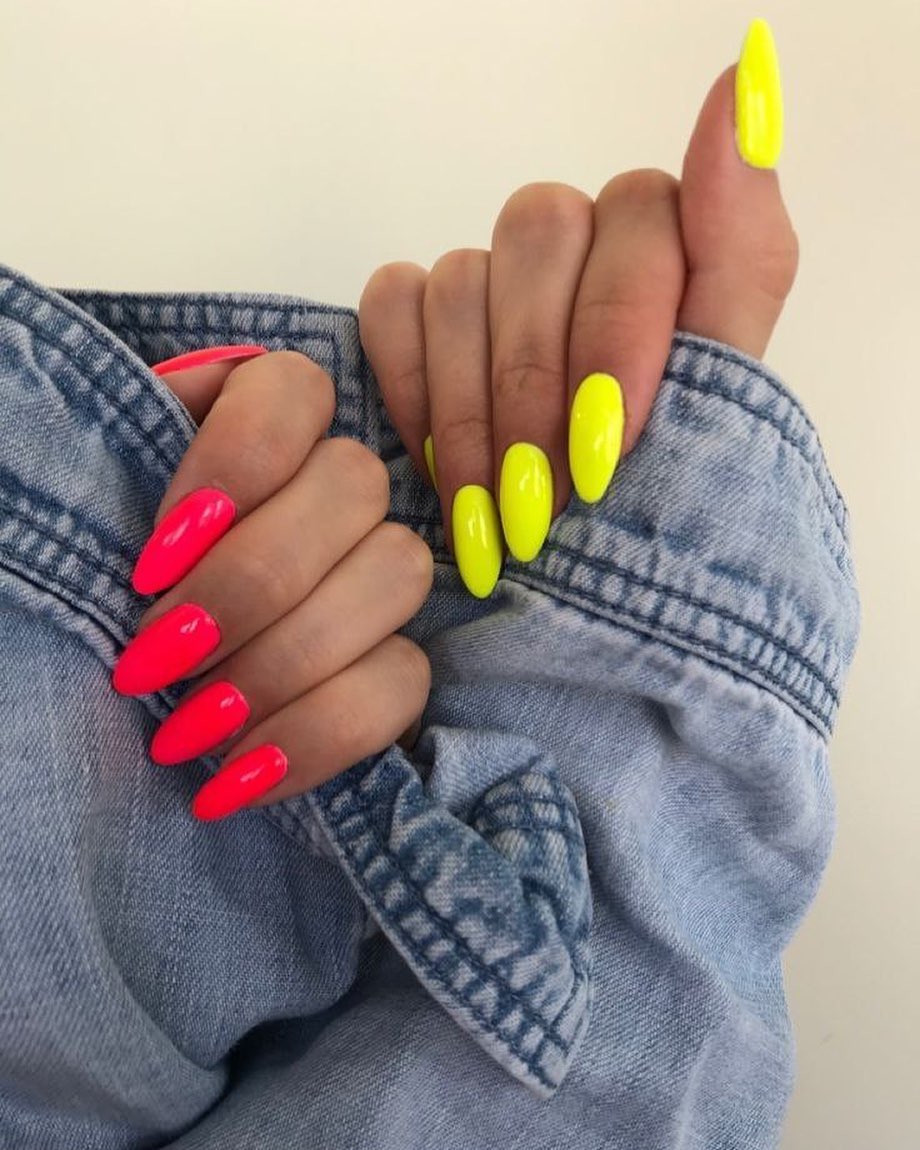 Neon Pink Yellow Mismatched Glossy Almond Nails