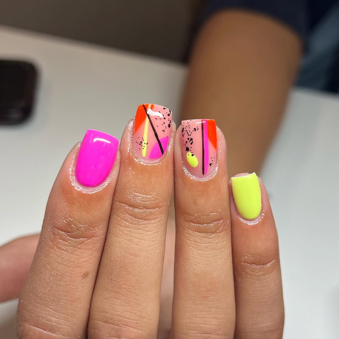Neon Pink Yellow Orange Abstract Fun Short Nails