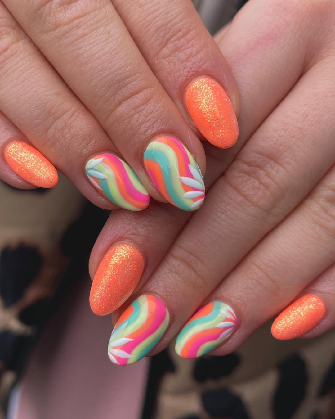 Neon Swirl Almond Summer Nails with Glitter Accents