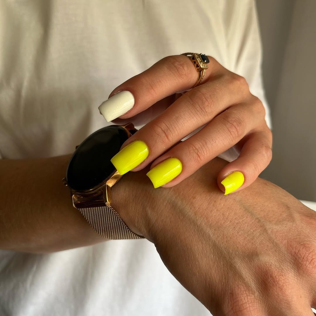 Neon Yellow and White Block Long Squoval Nails