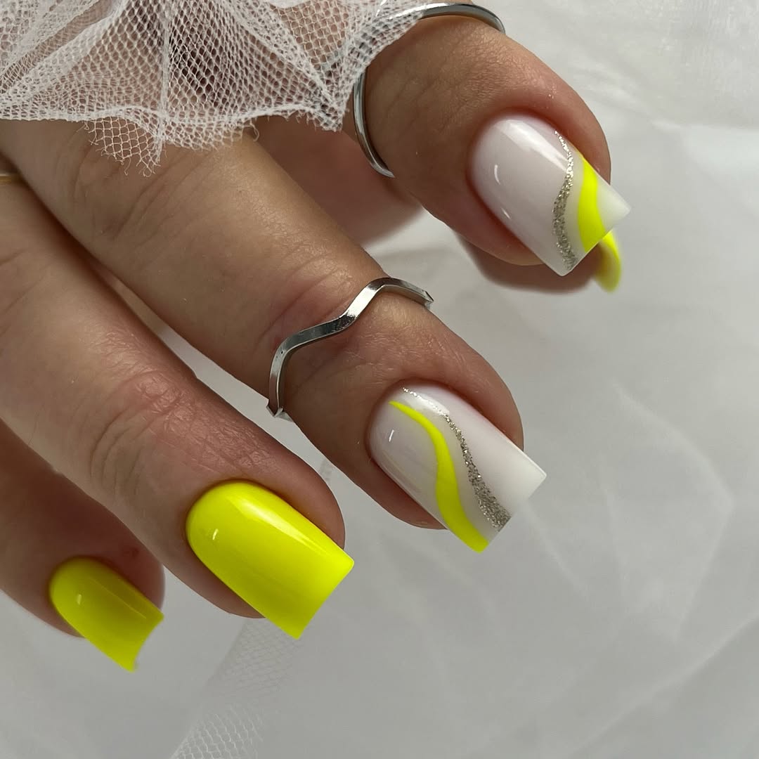 Neon Yellow and White Swirl with Glitter Accents