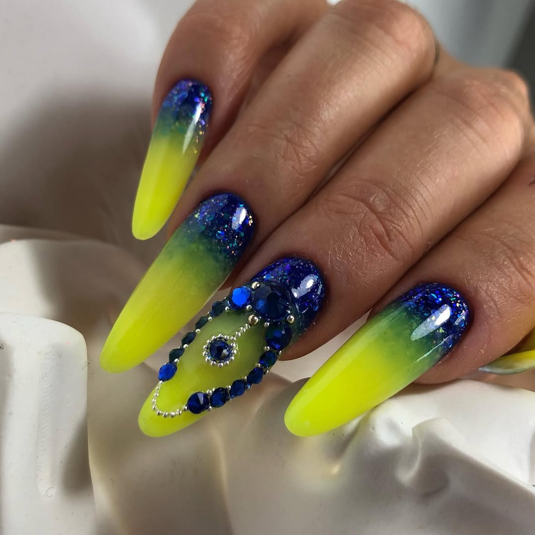 Neon Yellow Blue Glitter Ombre Stiletto Nails
