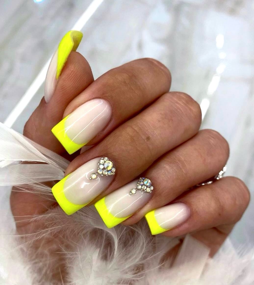Neon Yellow French Tip Square Nails with Rhinestone Clusters
