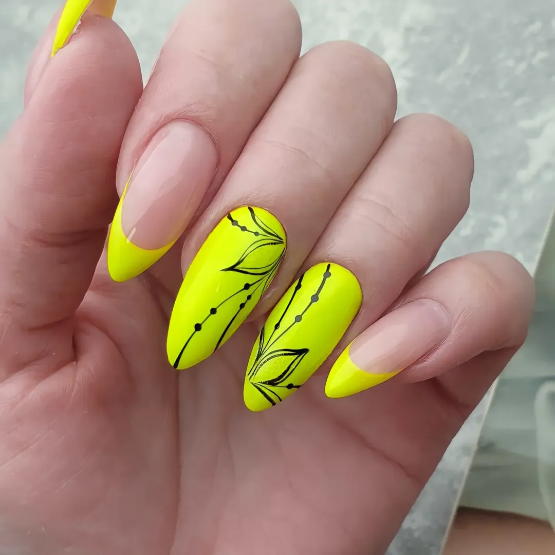 Neon Yellow French Tips with Floral Art