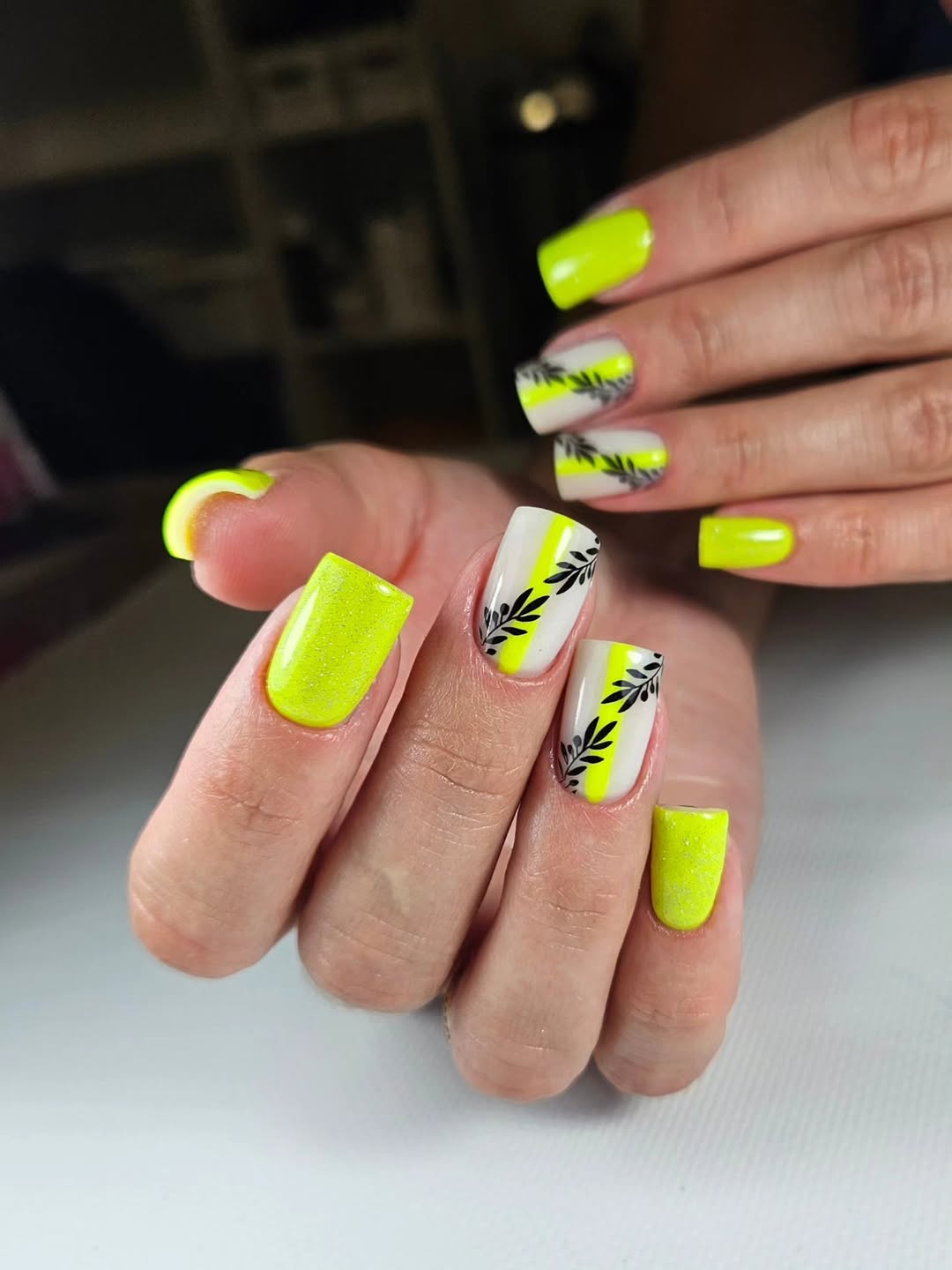 Neon Yellow Leaf Art White Block Squoval Nails