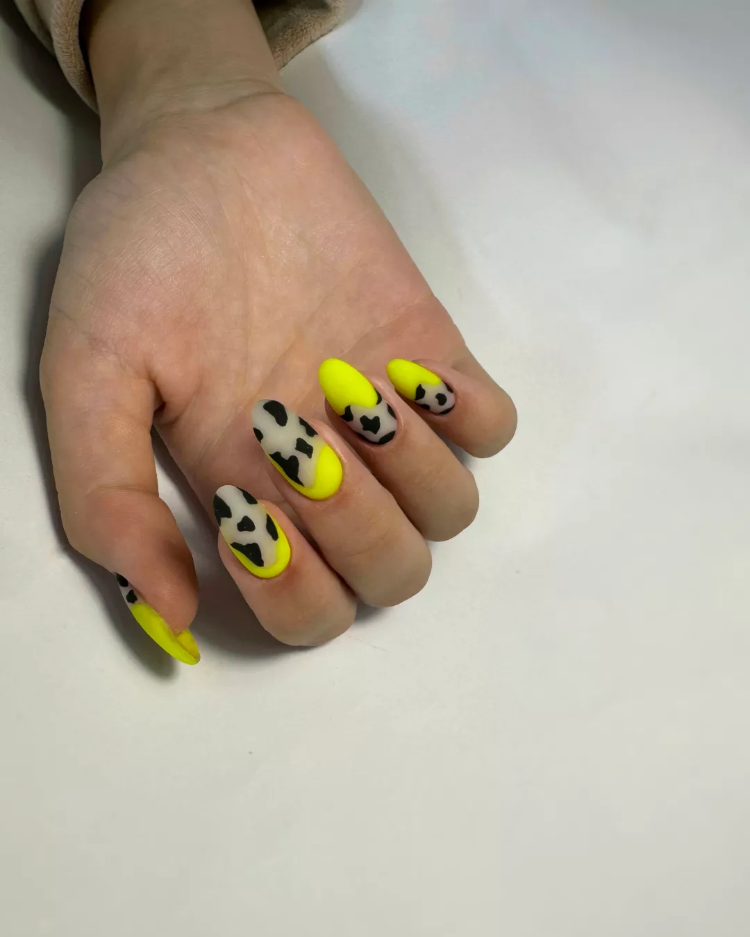 Neon Yellow Matte Cow Print Almond Nails