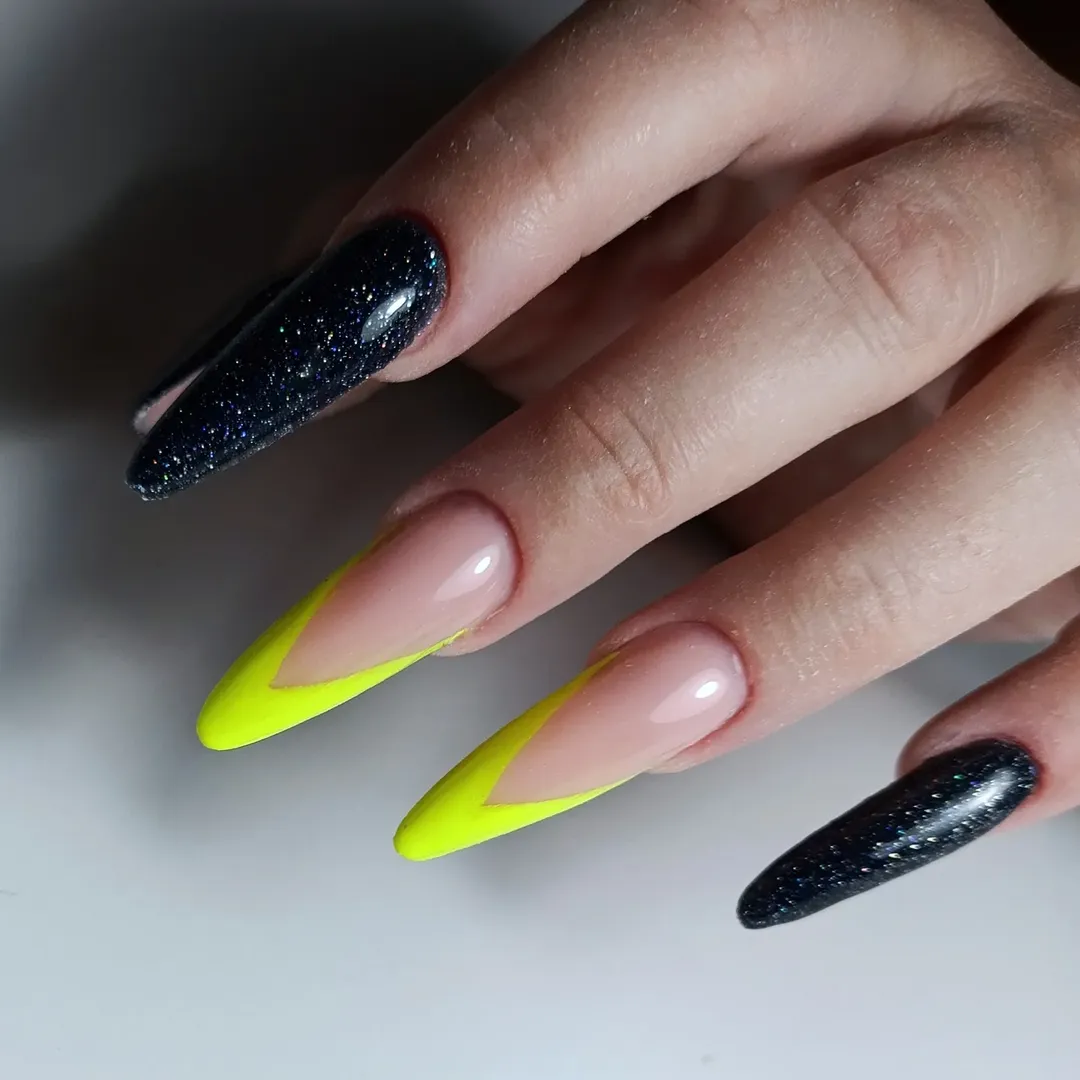 Neon Yellow V-French and Glitter Black Stiletto Nails