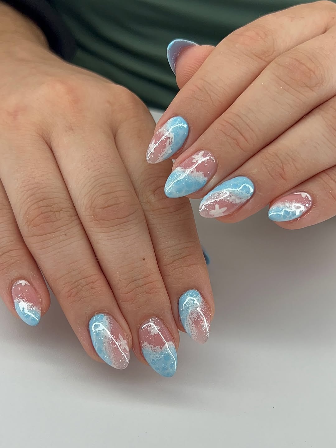 Ocean Breeze Blue Pink Ombre Almond Nails
