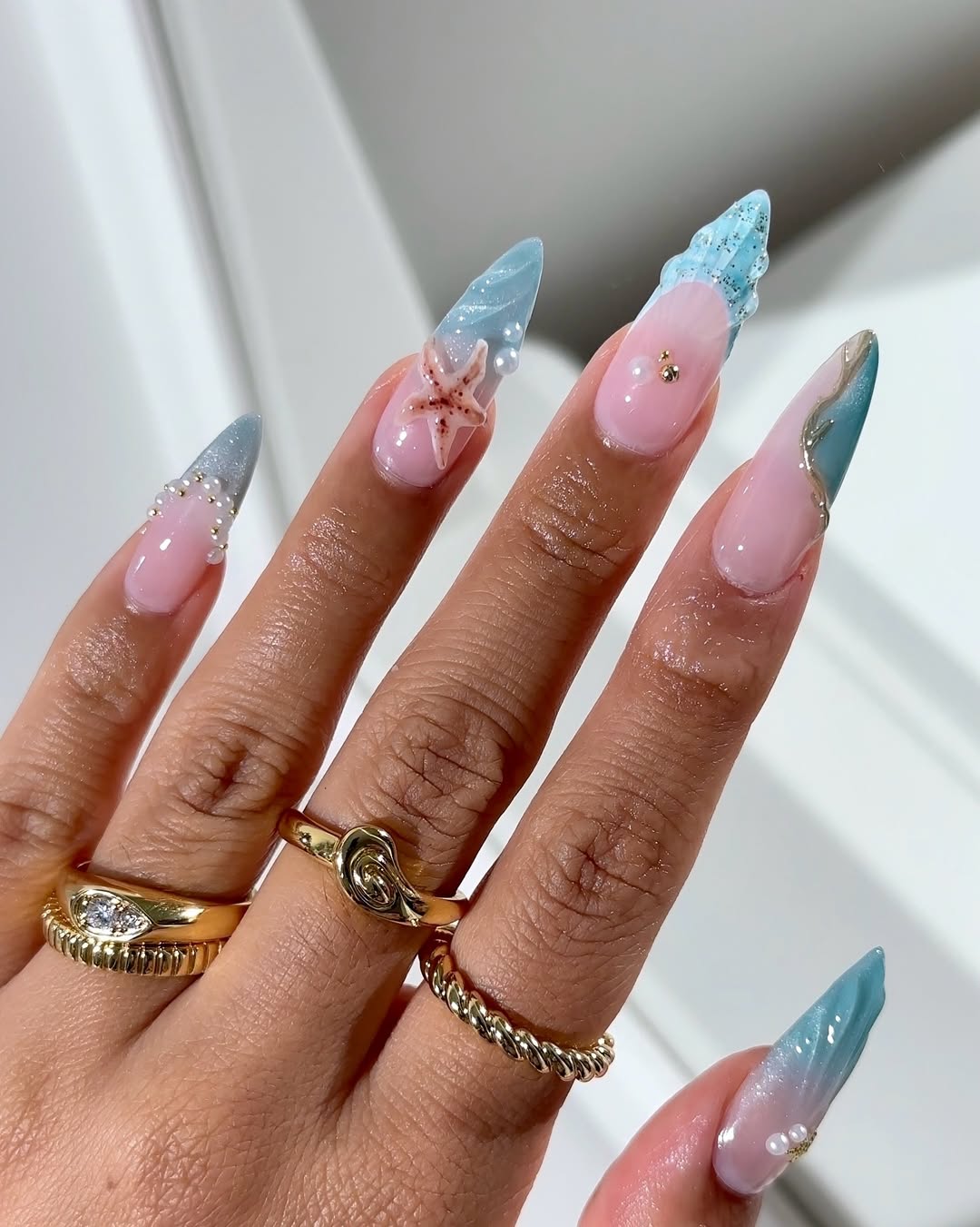 Ocean Ombre Pearl Stiletto Nails