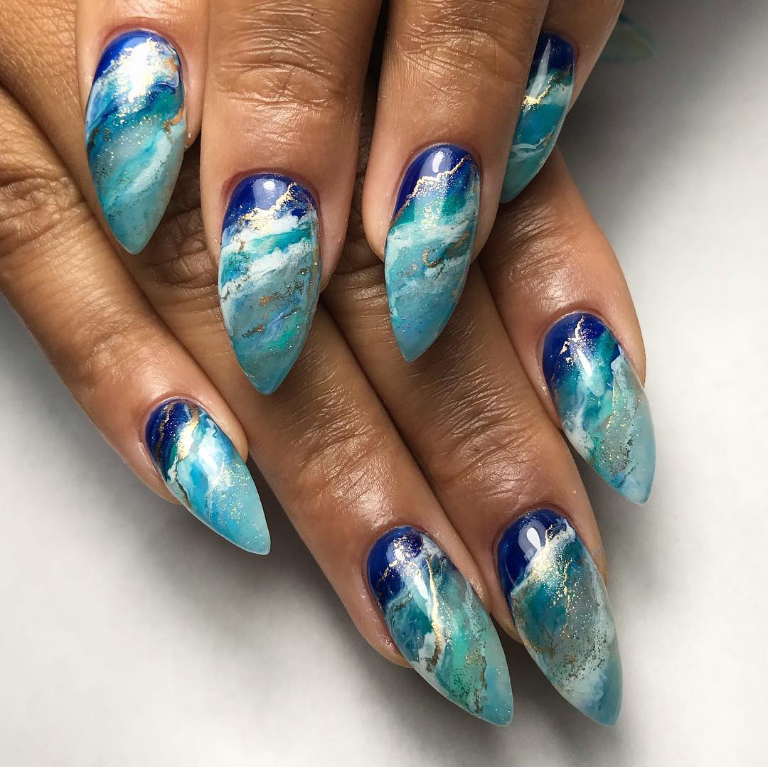 Ocean Swirl Foiled Stiletto Nails