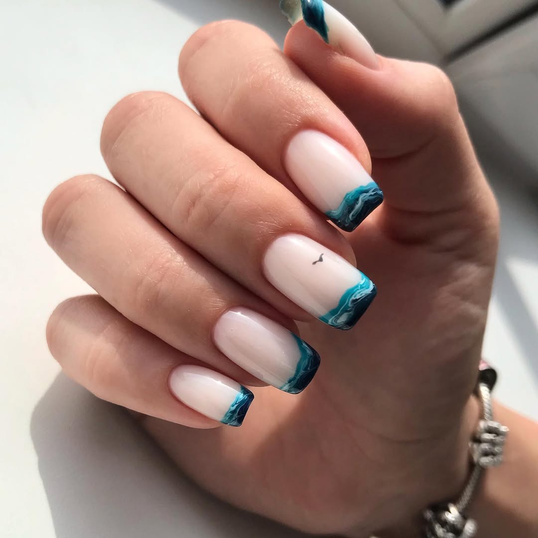 Ocean Wave French Tip Square Nails With Seagull Detail