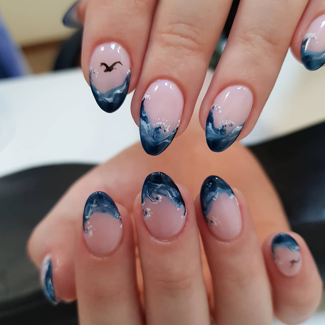 Ocean Waves Ombre Almond Nails with Seagull Art