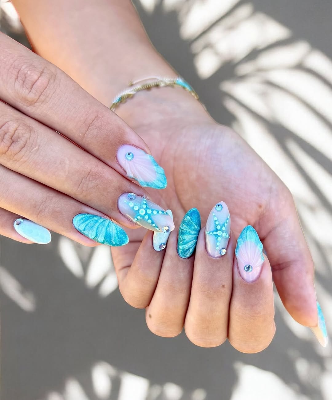 Oceanic Blue 3D Seashell and Starfish Long Almond Nails