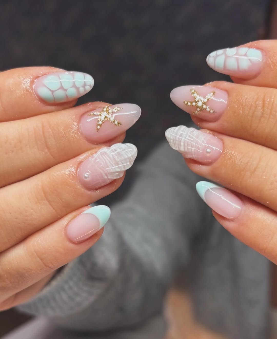 Oceanic Blue Nude French Starfish Shell Nails