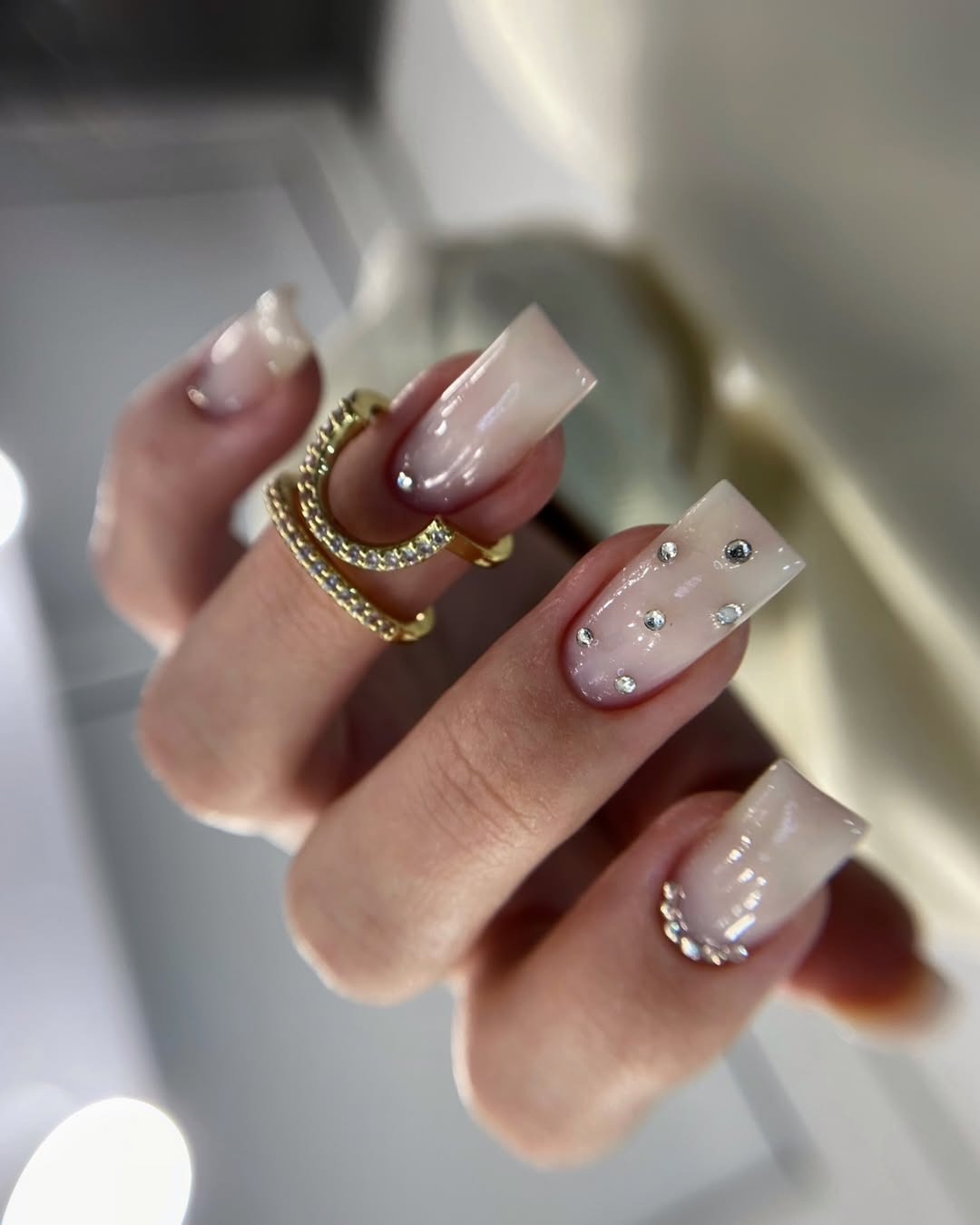Ombre Milky Pink Coffin Nails with Rhinestone Accents