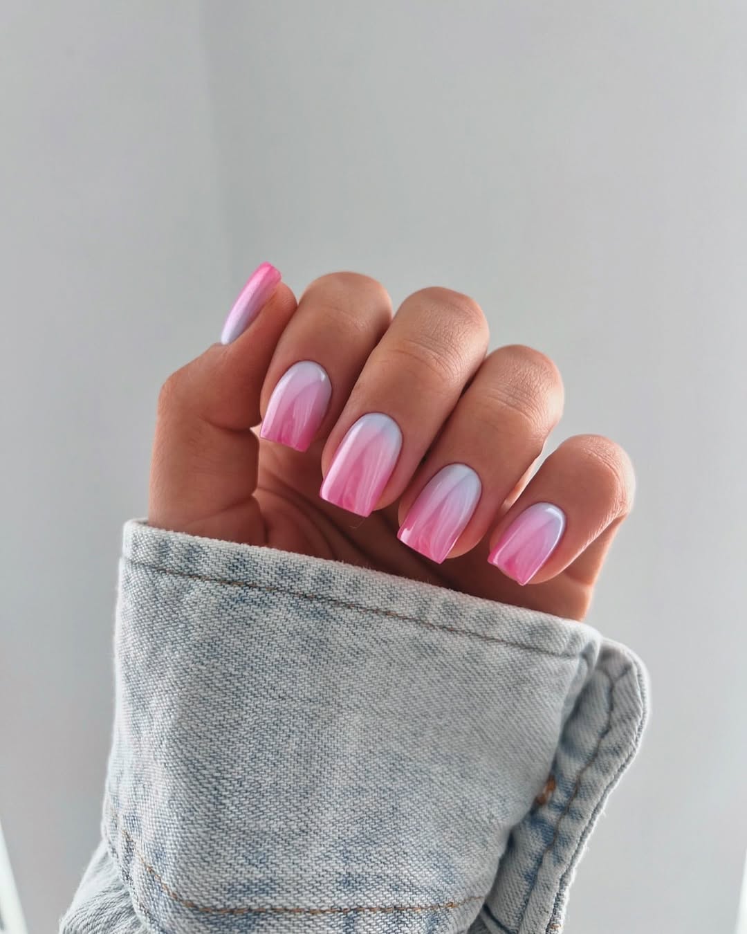 Ombre Pink and White Glossy Square Nails