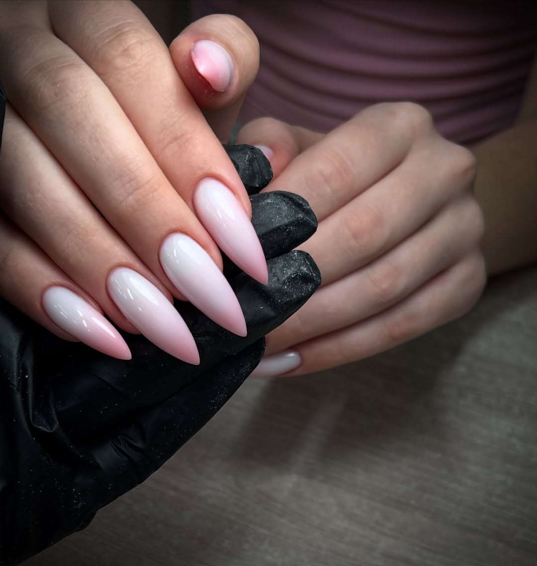 Ombre Pink and White Glossy Stiletto Nails