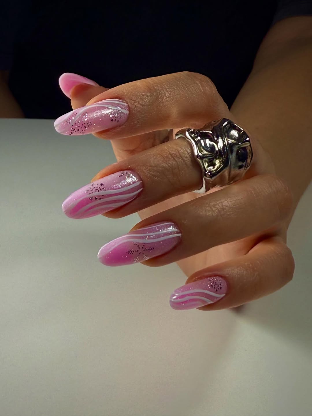 Ombre Pink Gel Nails with White Swirls and Sparkle