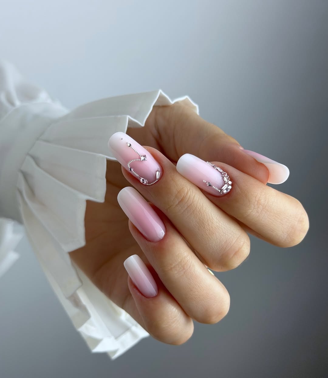 Ombre Pink & White Coffin Nails with Crystal Accents