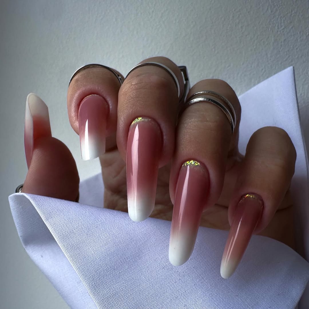 Ombre Pink White Gold Glitter Accent Coffin Nails