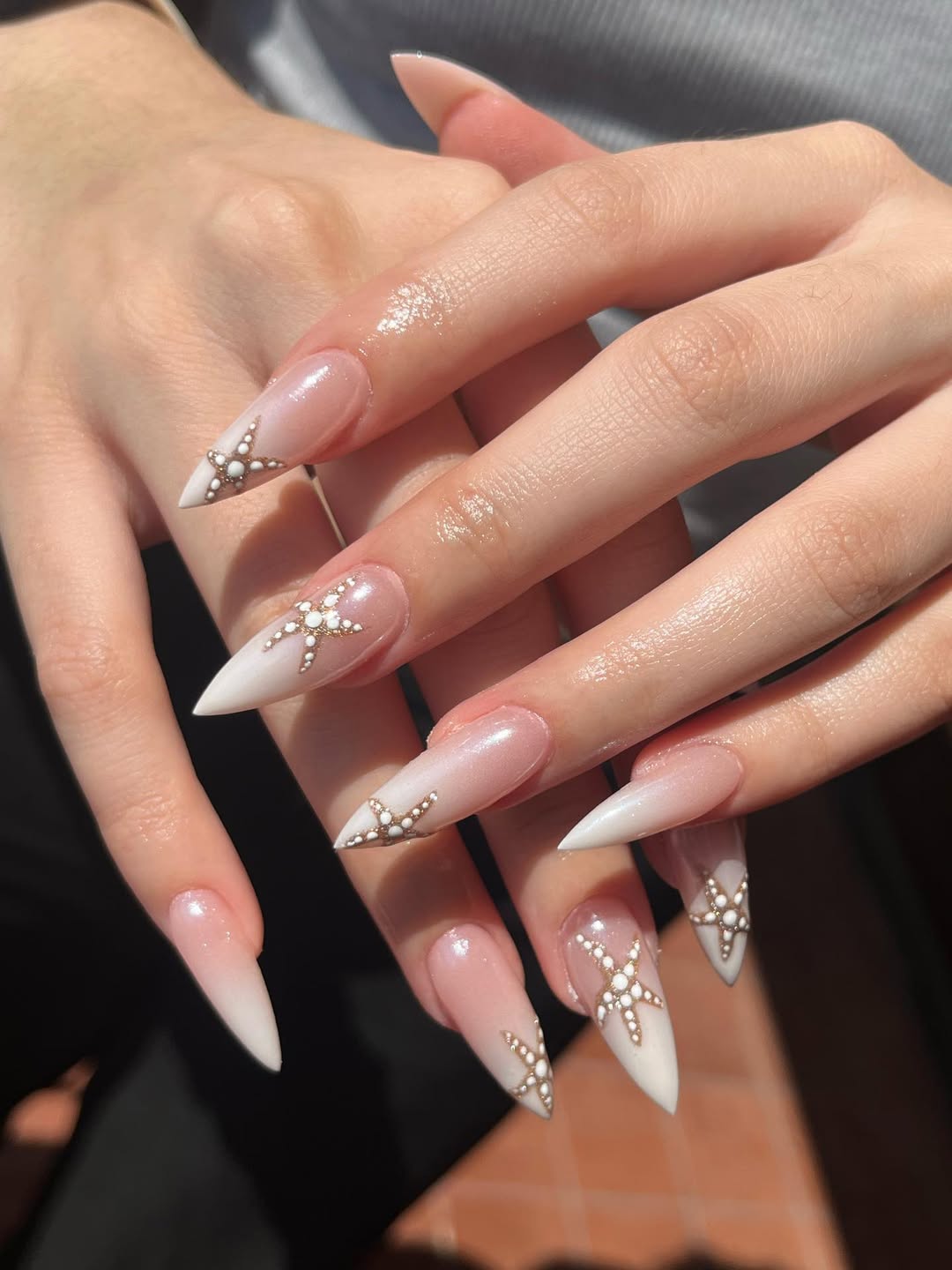 Ombre White Starfish Stiletto Glam Nails