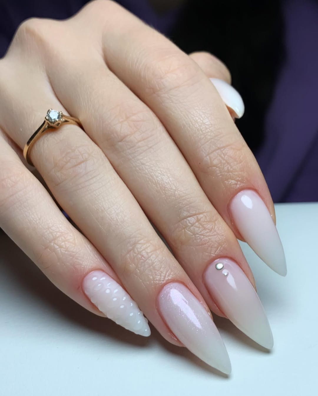 Opal Shimmer Ombre Almond Nails With Bubble Dots