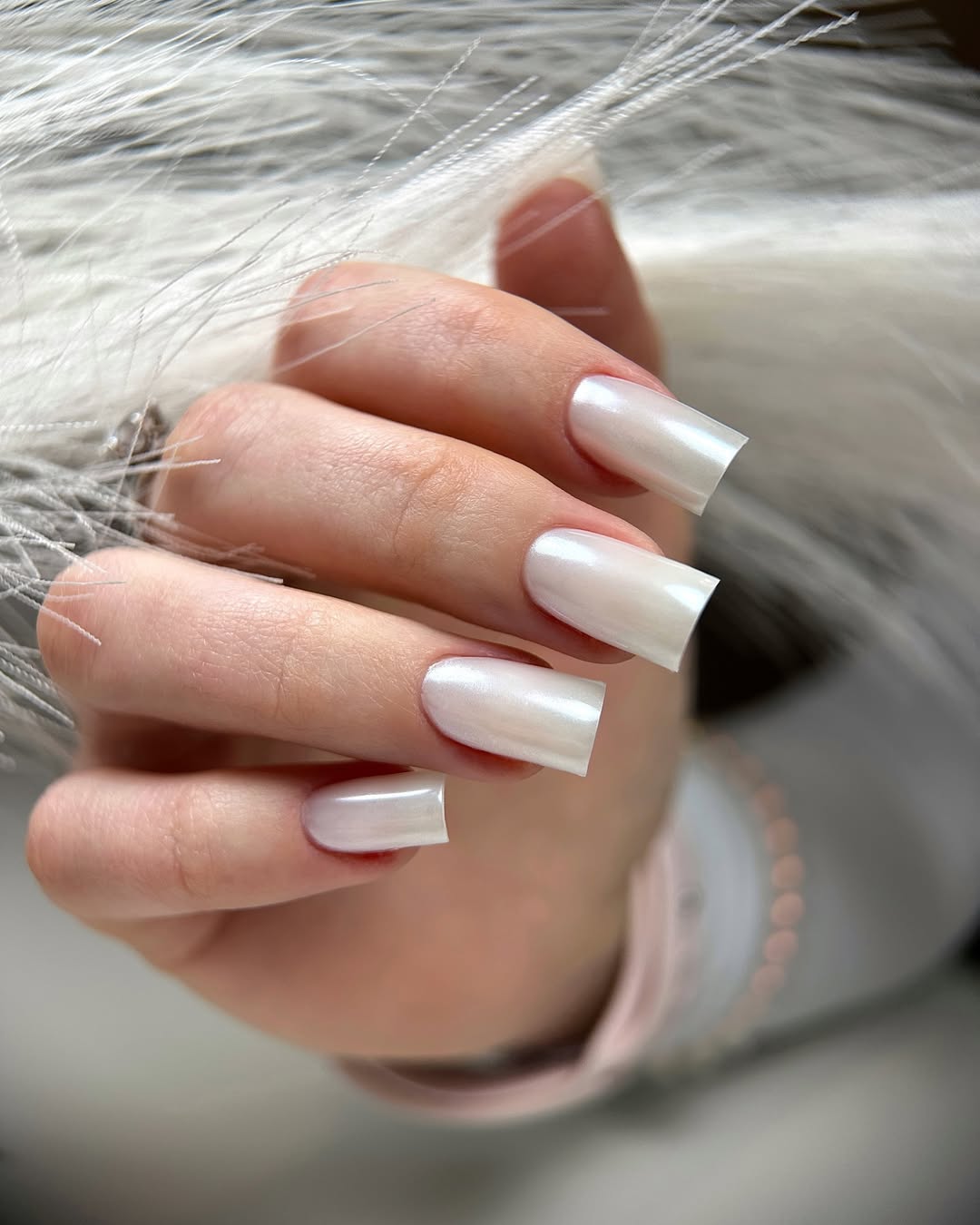 Opal White Shimmer Long Square Nails