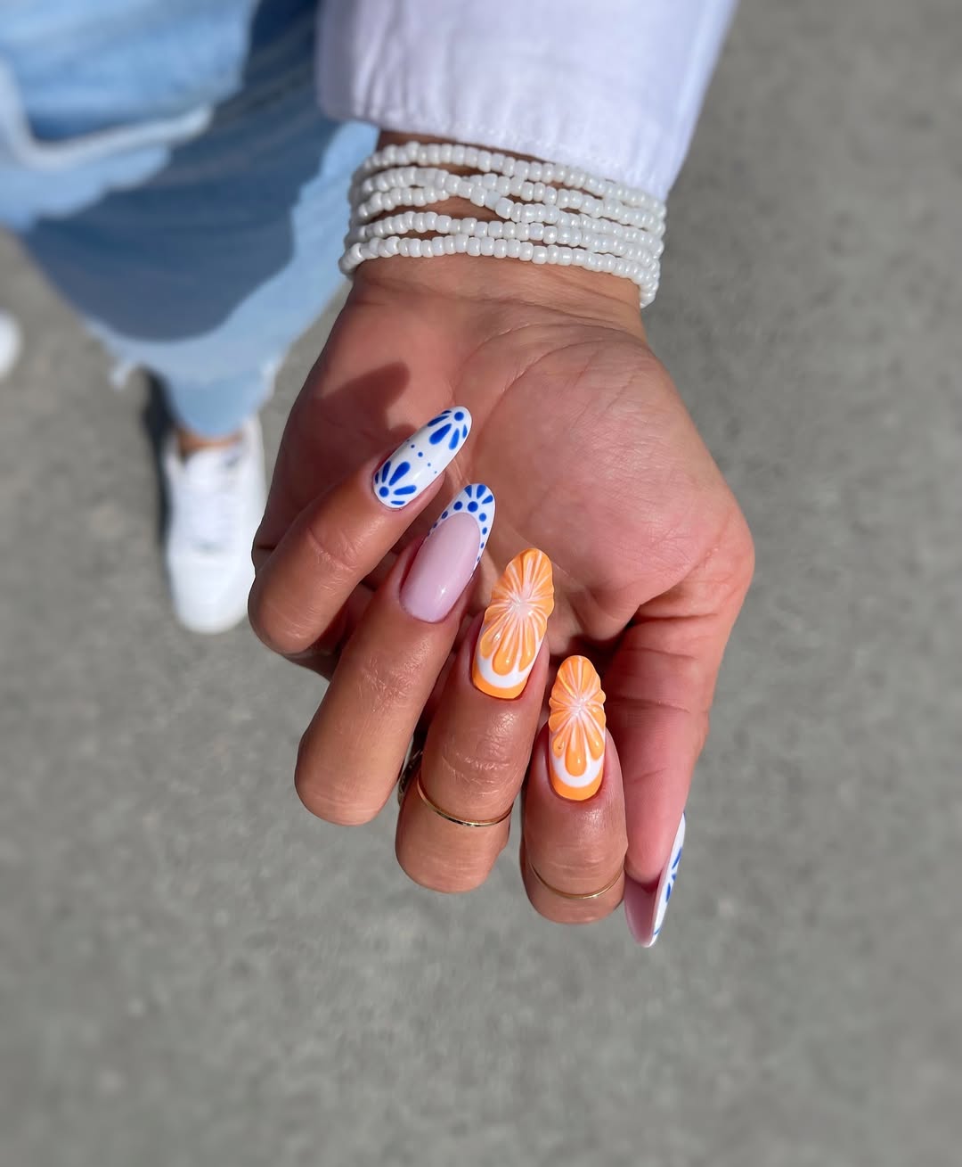 Orange Citrus White Blue Mix-and-Match Summer Nails