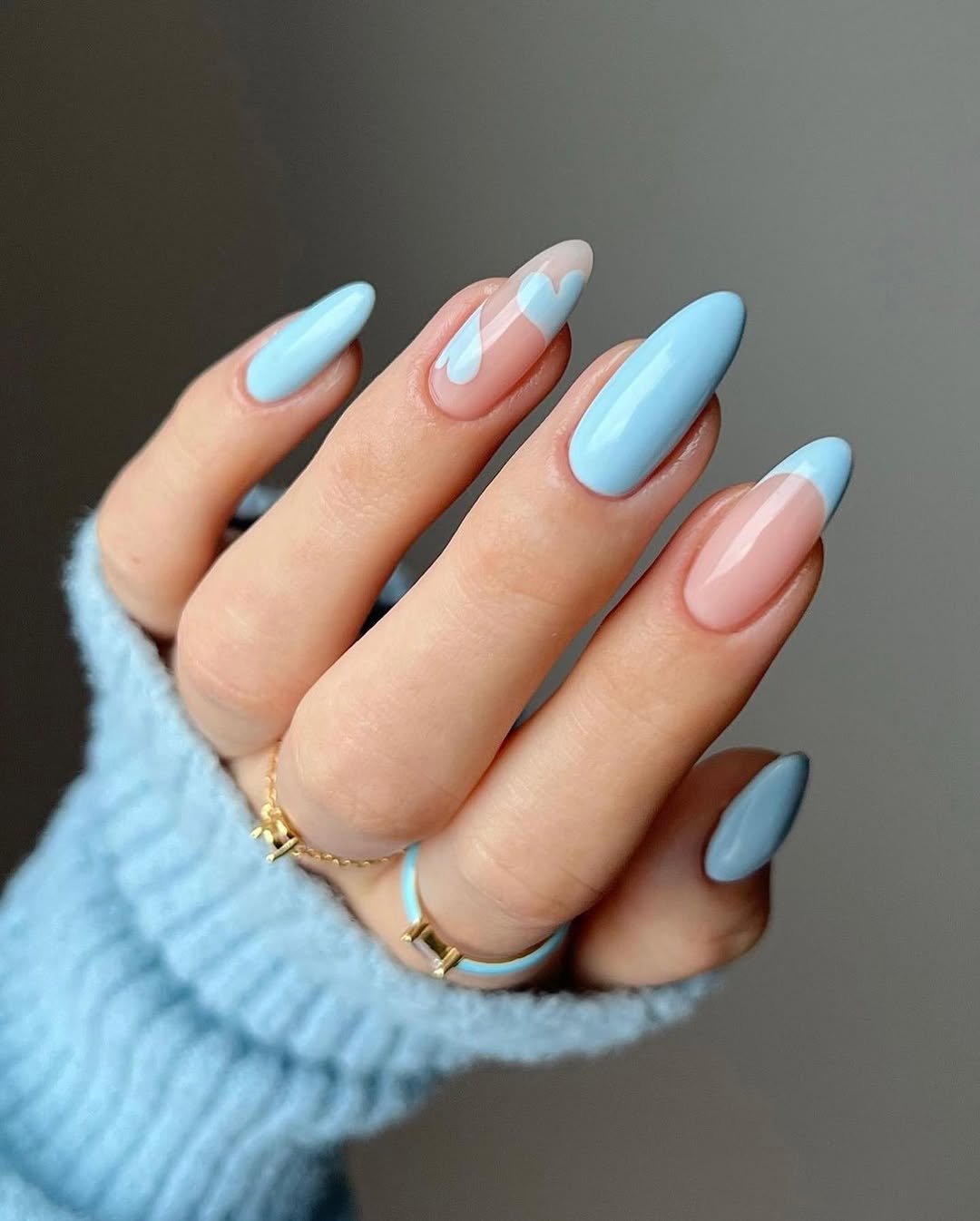 Pastel Blue Almond French Tips with Heart Accent