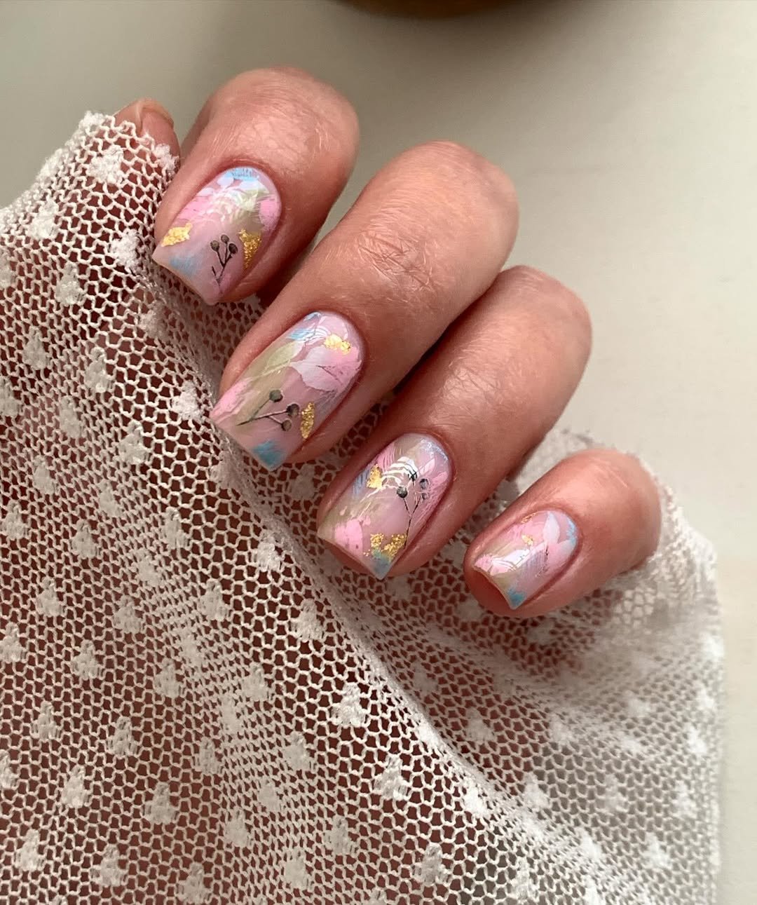 Pastel Botanical Gold Leaf Overlay Short Square Nails