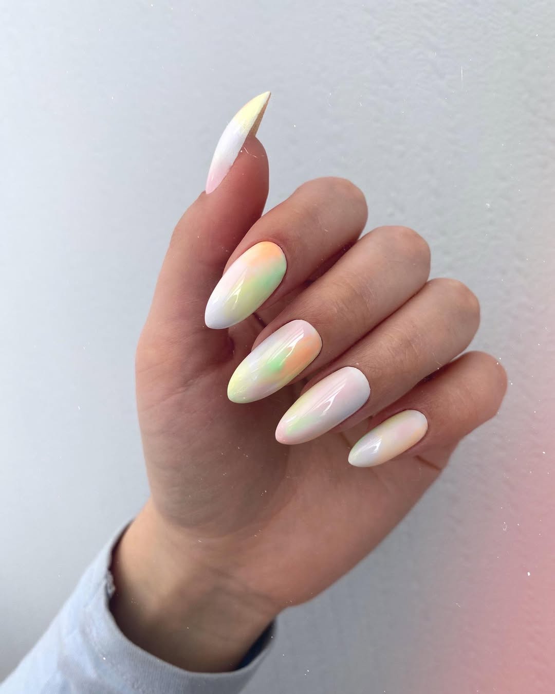 Pastel Iridescent Glossy Colorful Almond Nails