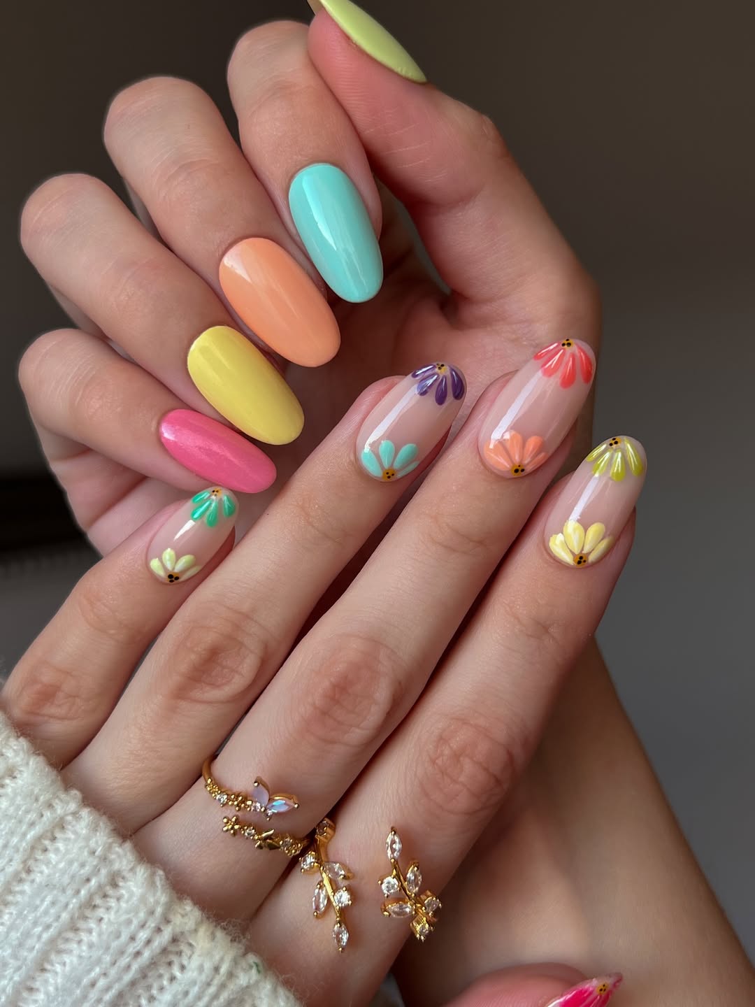 Pastel Mismatched Flower Tips Almond Nails