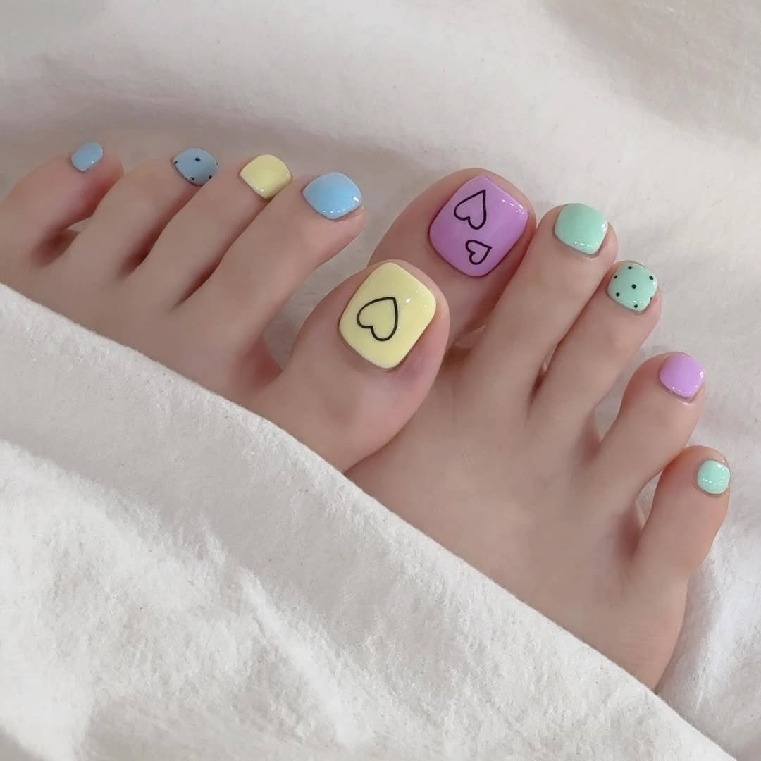 Pastel Mismatched Hearts and Polka Dots Pedicure