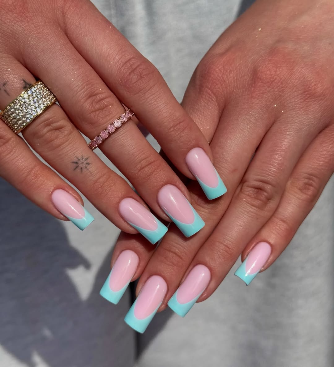 Pastel Pink Aqua French Tip Long Square Nails