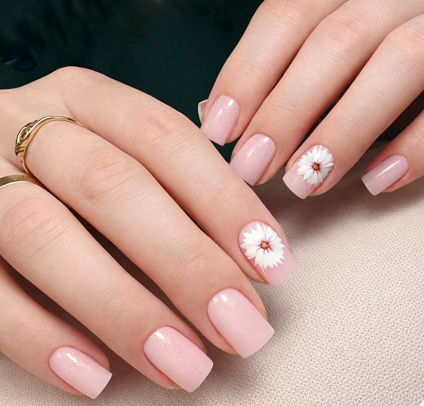 Pastel Pink Daisy Flower Square Nails