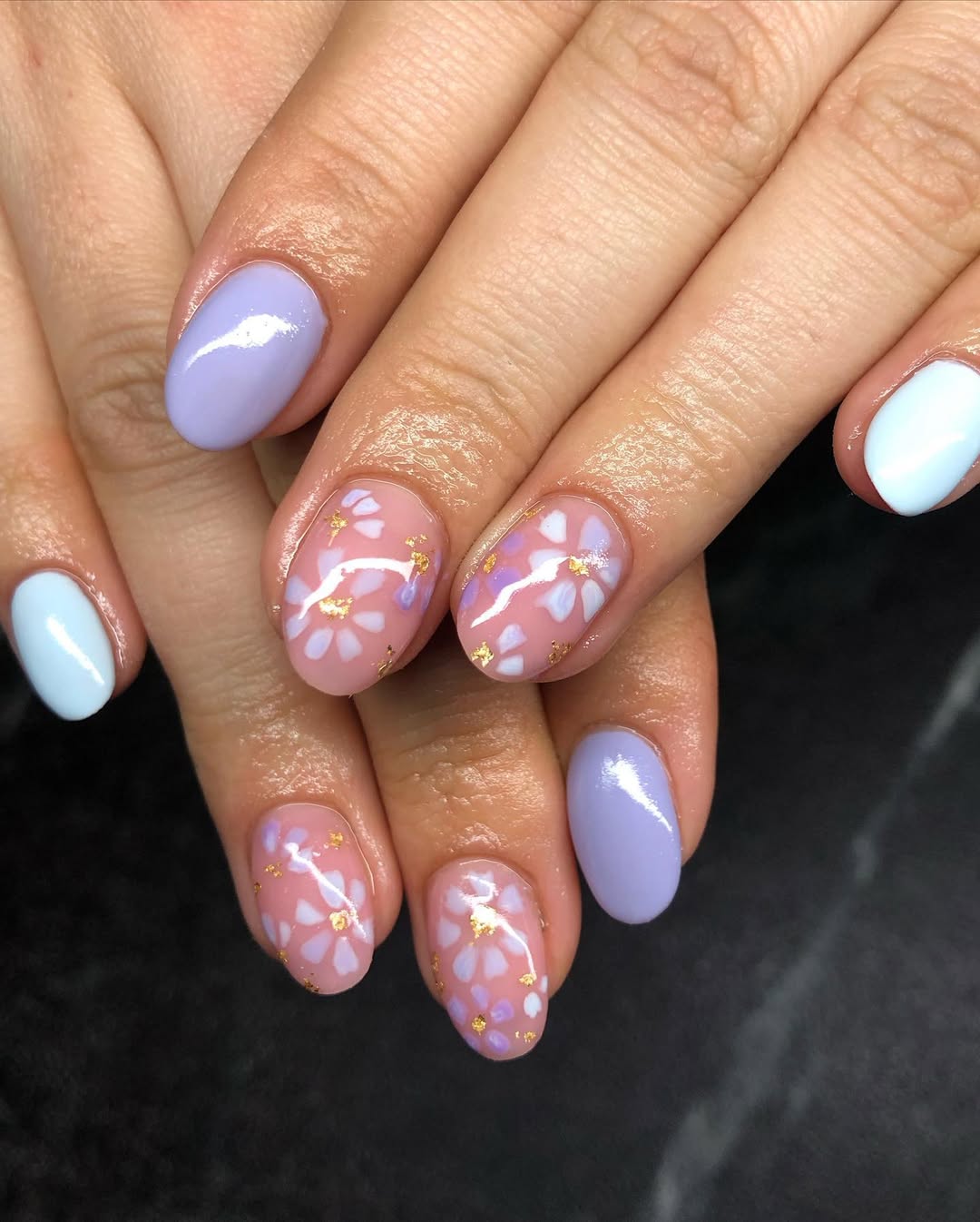 Pastel Pink Lilac Baby Blue Floral Gold Flakes