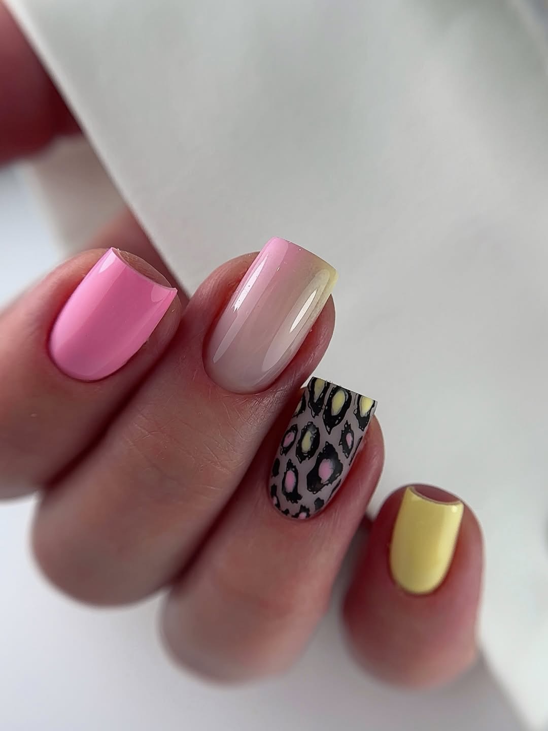 Pastel Pink Yellow Leopard Print Square Nails