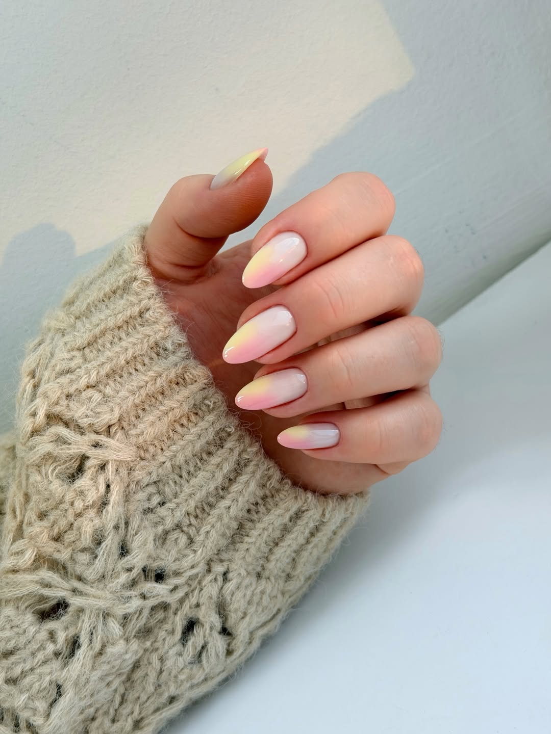 Pastel Pink Yellow Ombre Almond Nails