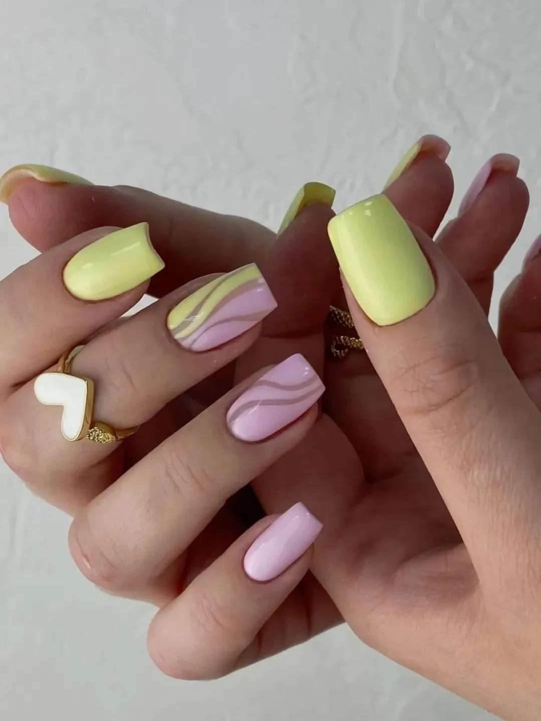 Pastel Pink Yellow Swirl Glossy Rectangular Nails