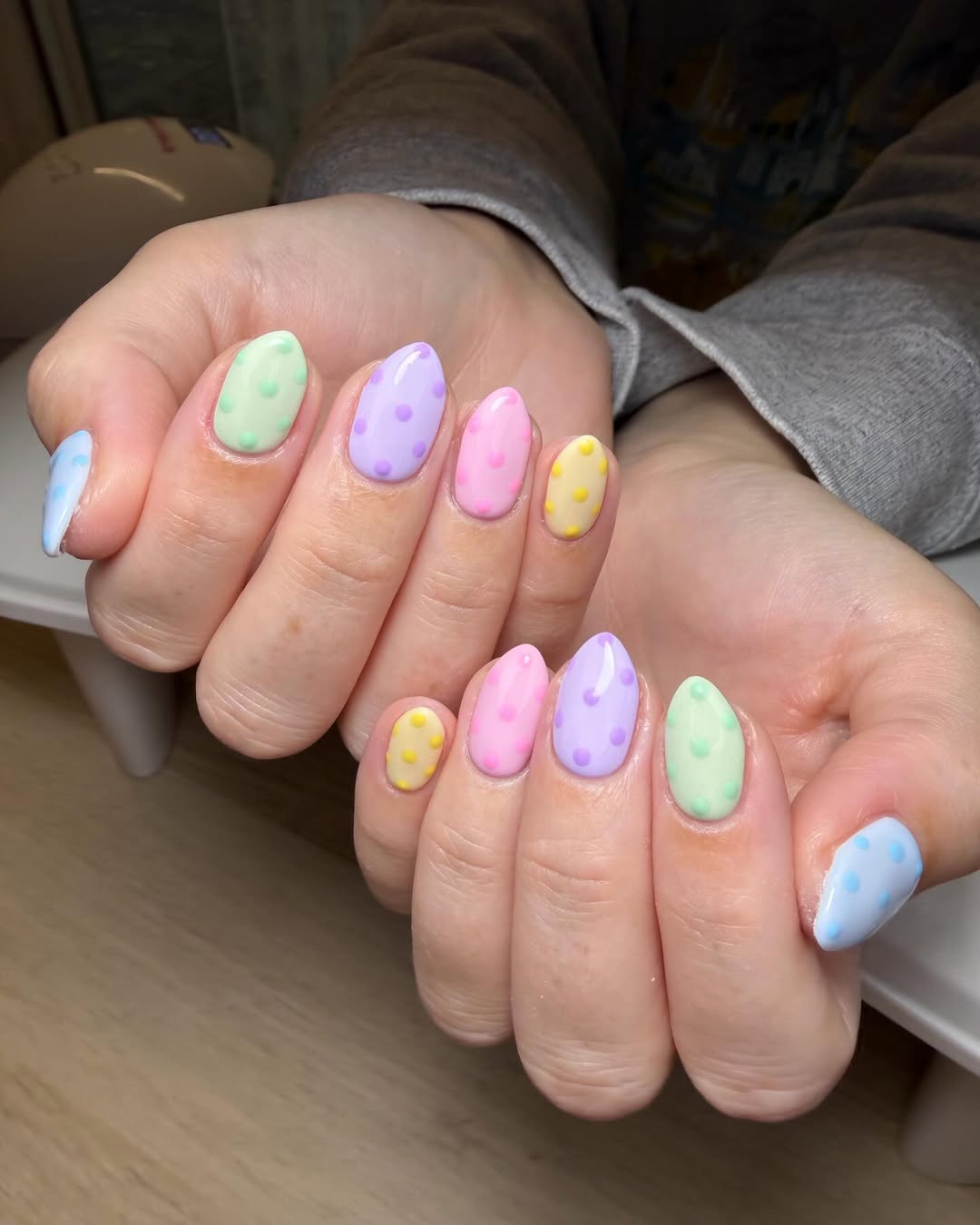 Pastel Polka Dot Almond Glossy Nails