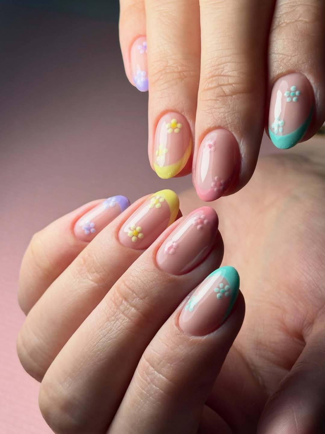 Pastel Rainbow French Tips With Tiny Floral Accents